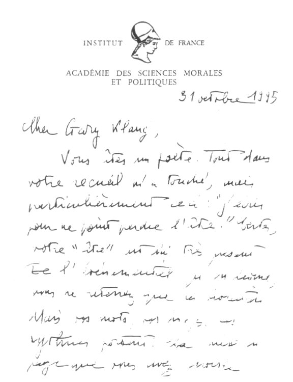 Lettre de René Pomeau à Gary Klang 1